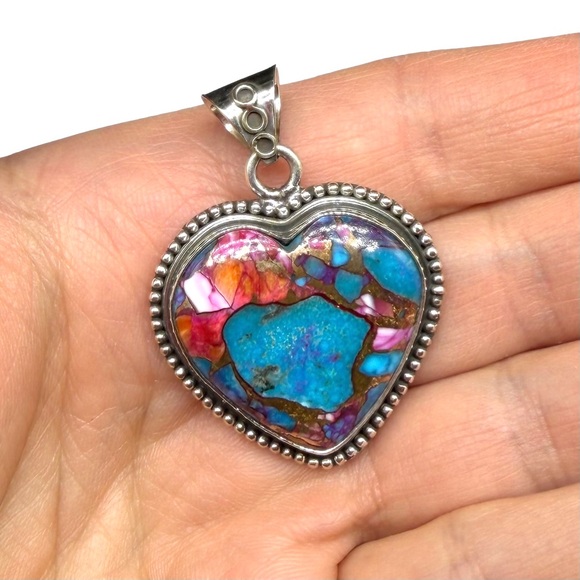 Kingman Pink Dahlia Turquoise Heart Necklace Pendant Solid 925 Sterling Silver - Picture 2 of 3